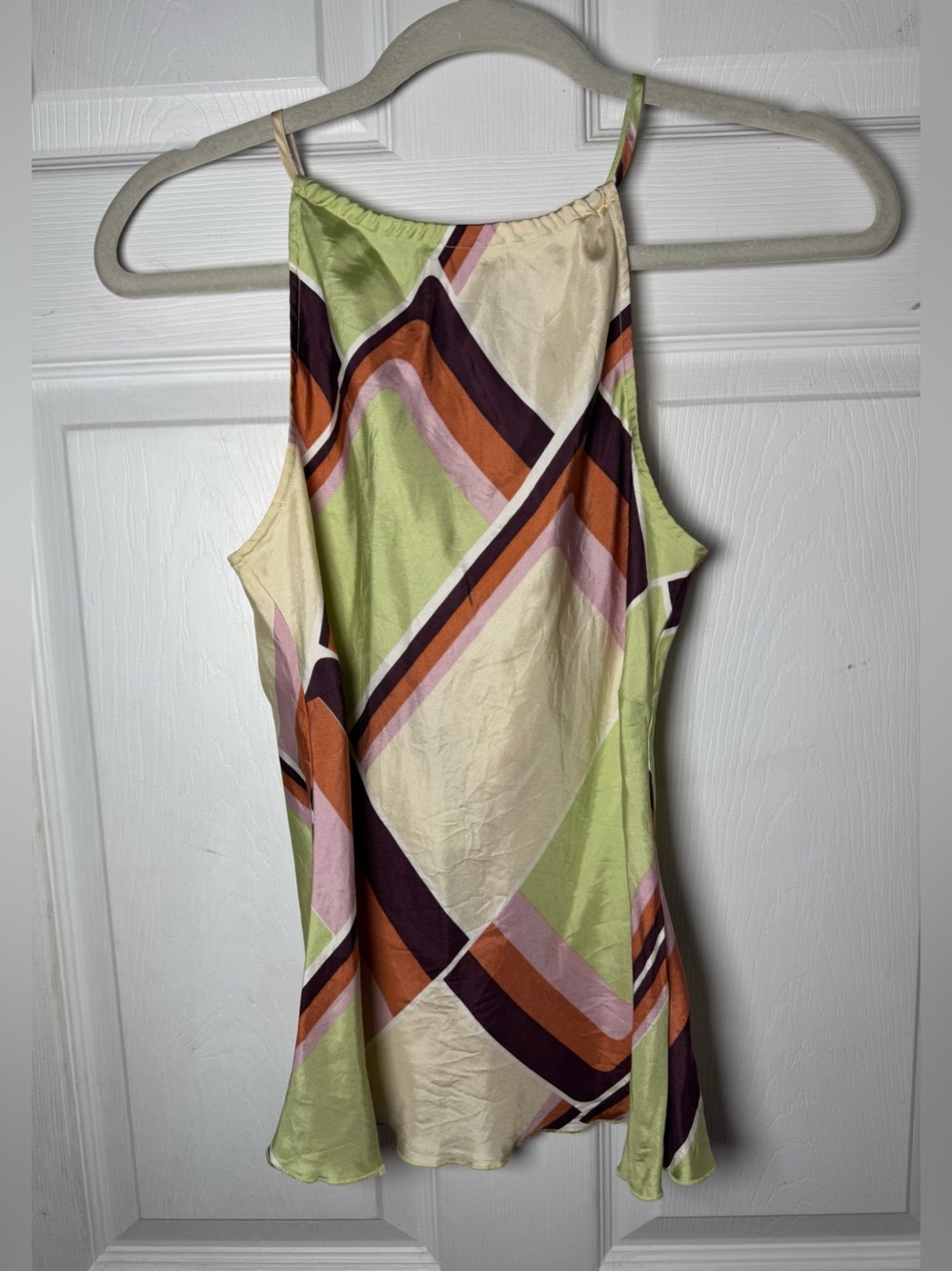 Vintage Y2K 100% Silk Geometric Abstract Print Halter Neck Top 90s Retro Groovy